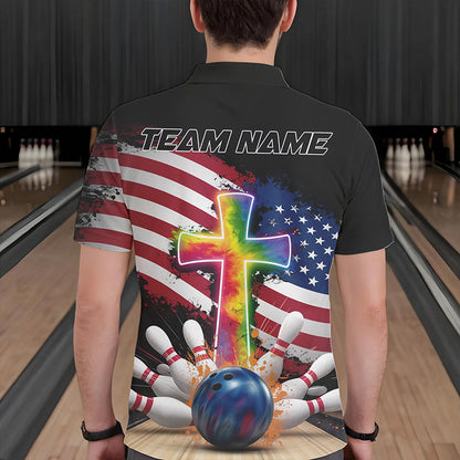 Custom Patriotic Faith Bowling Polo Shirts For Men, Tie Dye Cross US Flag Bowling Shirt IPHW8547