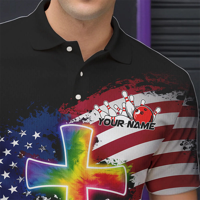 Custom Patriotic Faith Bowling Polo Shirts For Men, Tie Dye Cross US Flag Bowling Shirt IPHW8547