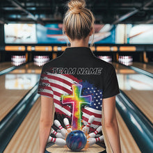 Load image into Gallery viewer, Custom Patriotic Faith Bowling Polo Shirts For Women, Tie Dye Cross US Flag Bowling Shirt IPHW8547