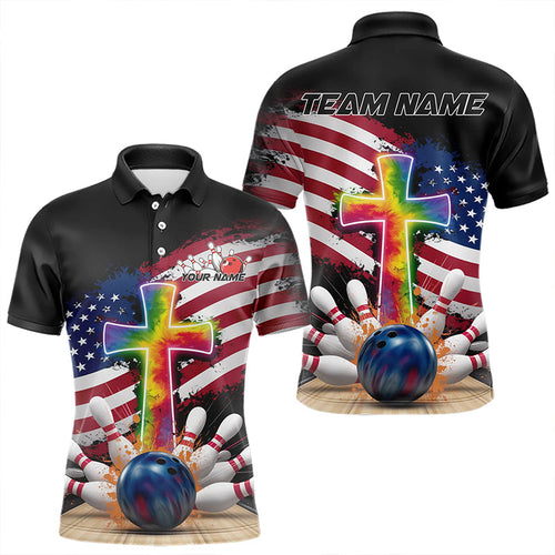 Custom Patriotic Faith Bowling Polo Shirts For Men, Tie Dye Cross US Flag Bowling Shirt IPHW8547