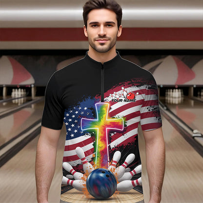Custom Patriotic Faith Bowling Quarter-Zip Shirts For Men, Tie Dye Cross US Flag Bowling Shirt IPHW8547