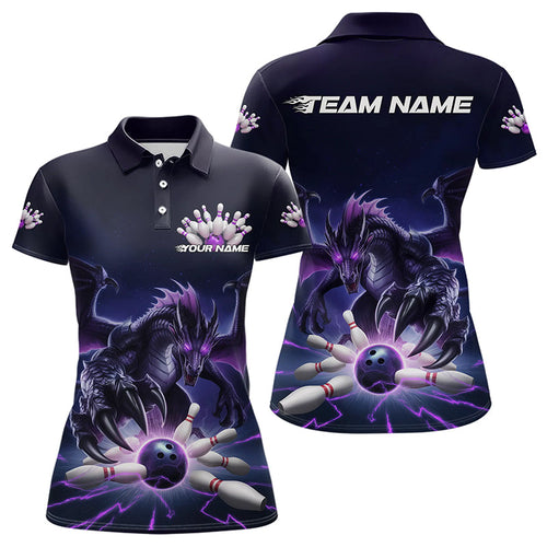 Custom Black And Purple Dragon Bowling Team Polo Shirts For Women, Dragon Bowling League Shirt IPHW8548