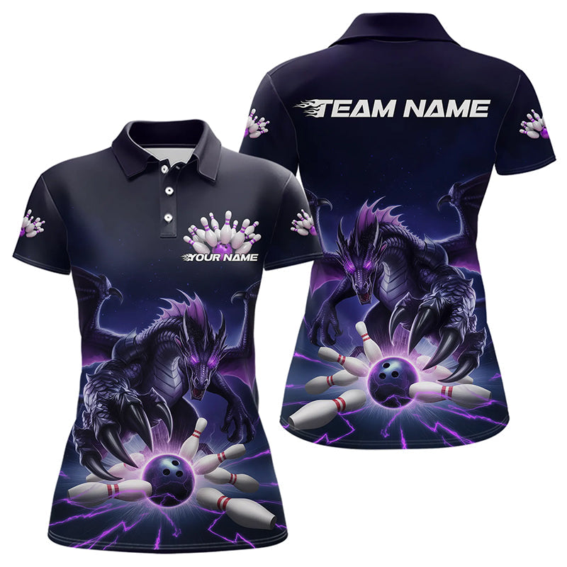 Custom Black And Purple Dragon Bowling Team Polo Shirts For Women, Dragon Bowling League Shirt IPHW8548