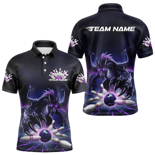 Custom Black And Purple Dragon Bowling Team Polo Shirts For Men, Dragon Bowling League Shirt IPHW8548