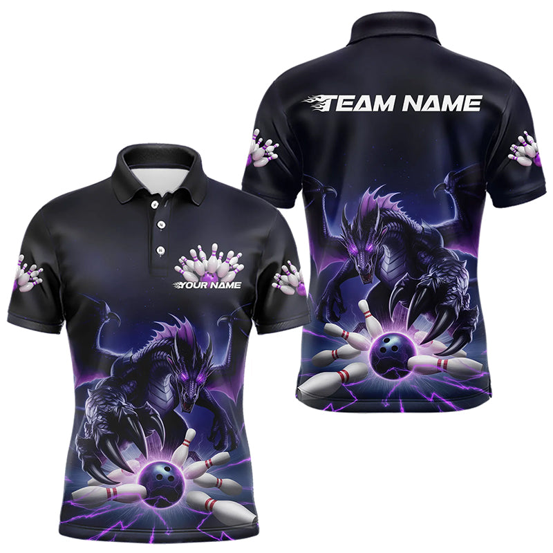 Custom Black And Purple Dragon Bowling Team Polo Shirts For Men, Dragon Bowling League Shirt IPHW8548