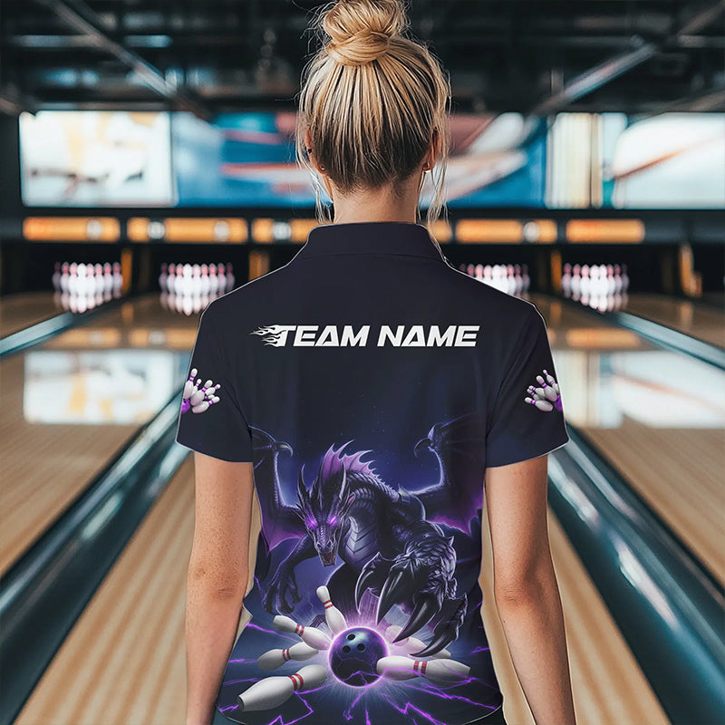 Custom Black And Purple Dragon Bowling Team Womens Quarter-Zip Shirts, Bowling League Shirt IPHW8548