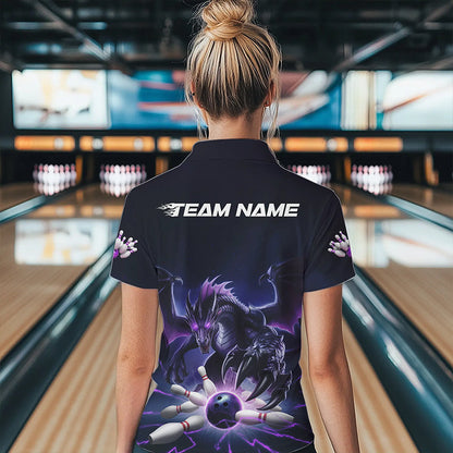 Custom Black And Purple Dragon Bowling Team Womens Quarter-Zip Shirts, Bowling League Shirt IPHW8548