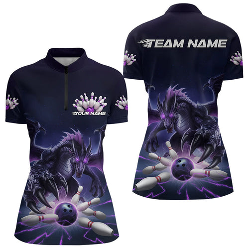 Custom Black And Purple Dragon Bowling Team Womens Quarter-Zip Shirts, Bowling League Shirt IPHW8548