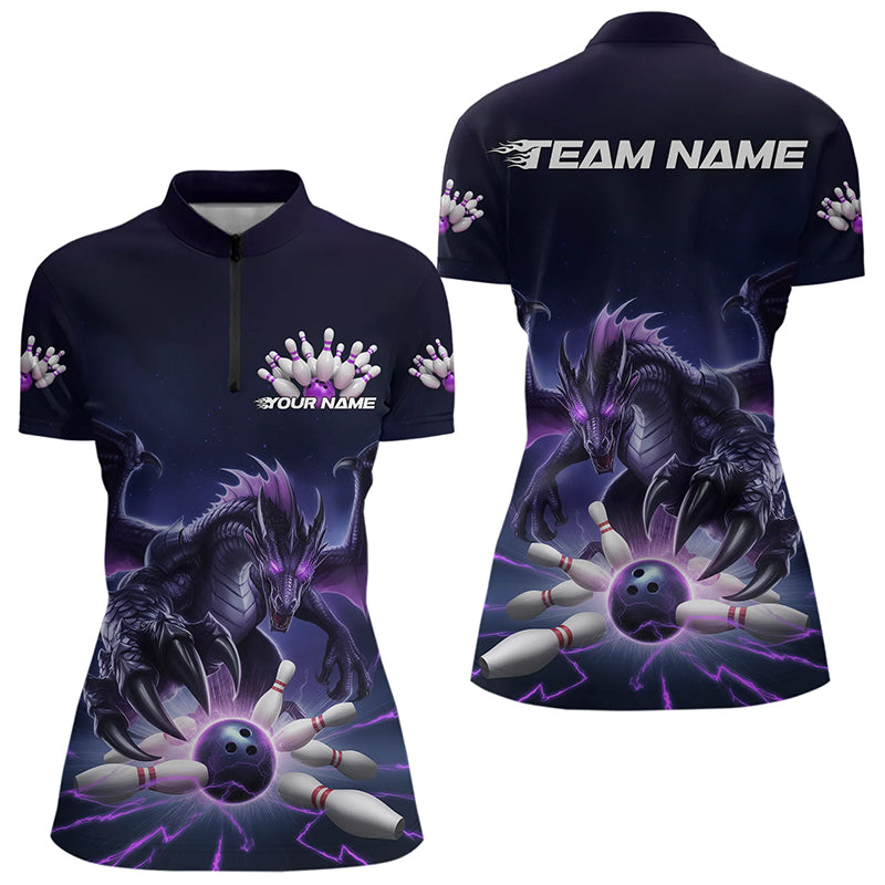 Custom Black And Purple Dragon Bowling Team Womens Quarter-Zip Shirts, Bowling League Shirt IPHW8548