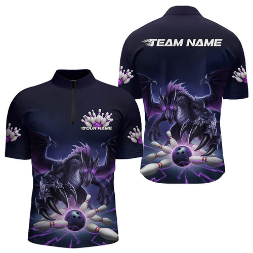 Custom Black And Purple Dragon Bowling Team Quarter-Zip Shirts For Men, Dragon Bowling League Shirt IPHW8548