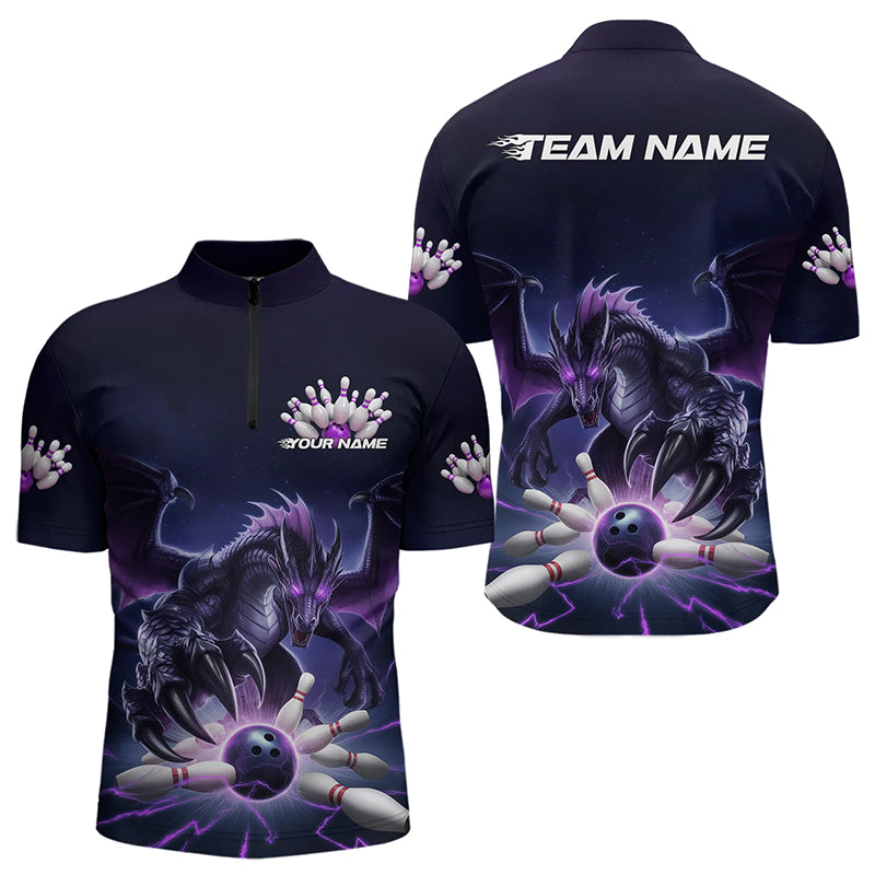 Custom Black And Purple Dragon Bowling Team Quarter-Zip Shirts For Men, Dragon Bowling League Shirt IPHW8548