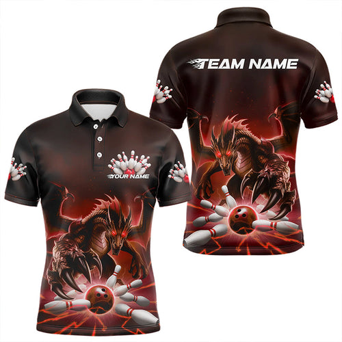 Custom Black And Red Dragon Bowling Team Polo Shirts For Men, Dragon Bowling League Shirt IPHW8549