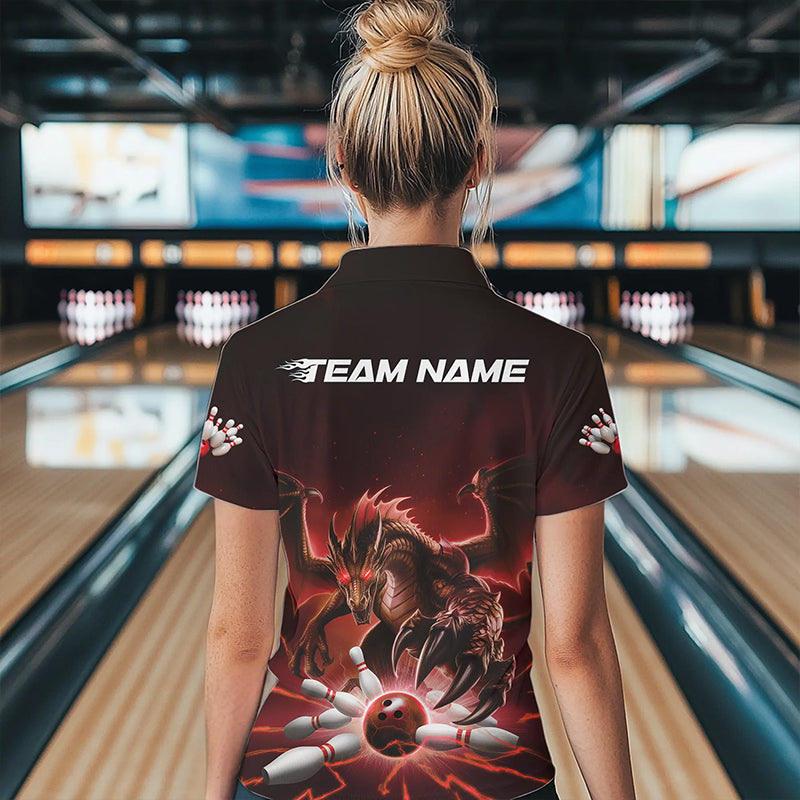 Custom Black And Red Dragon Bowling Team Womens Quarter-Zip Shirts, Bowling League Shirt IPHW8549