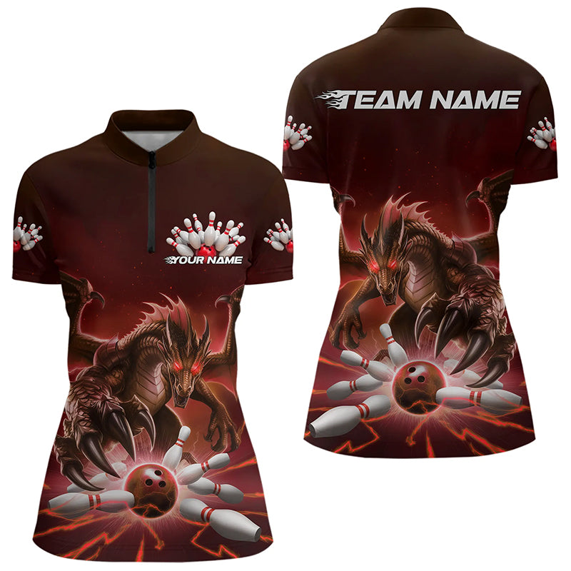 Custom Black And Red Dragon Bowling Team Womens Quarter-Zip Shirts, Bowling League Shirt IPHW8549