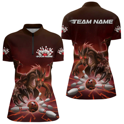 Custom Black And Red Dragon Bowling Team Womens Quarter-Zip Shirts, Bowling League Shirt IPHW8549