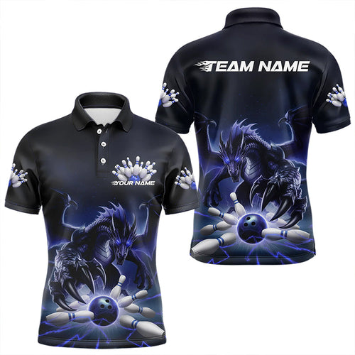 Custom Black And Blue Dragon Bowling Team Polo Shirts For Men, Dragon Bowling League Shirt IPHW8550