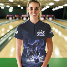 Load image into Gallery viewer, Custom Black And Blue Dragon Bowling Team Womens Quarter-Zip Shirts, Bowling League Shirt IPHW8550