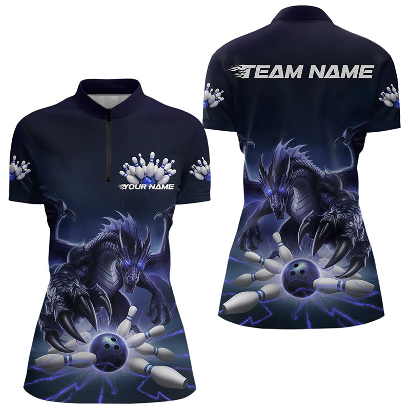Custom Black And Blue Dragon Bowling Team Womens Quarter-Zip Shirts, Bowling League Shirt IPHW8550