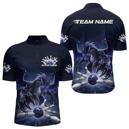 Custom Black And Blue Dragon Bowling Team Quarter-Zip Shirts For Men, Dragon Bowling League Shirt IPHW8550