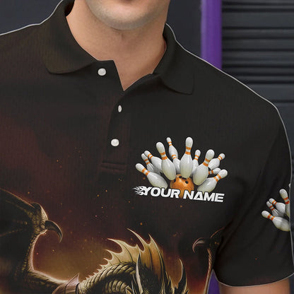 Custom Black And Yellow Dragon Bowling Team Polo Shirts For Men, Dragon Bowling League Shirt IPHW8551