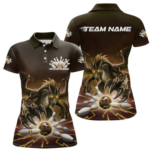 Custom Black And Yellow Dragon Bowling Team Womens Polo Shirts, Dragon Bowling League Shirt IPHW8551