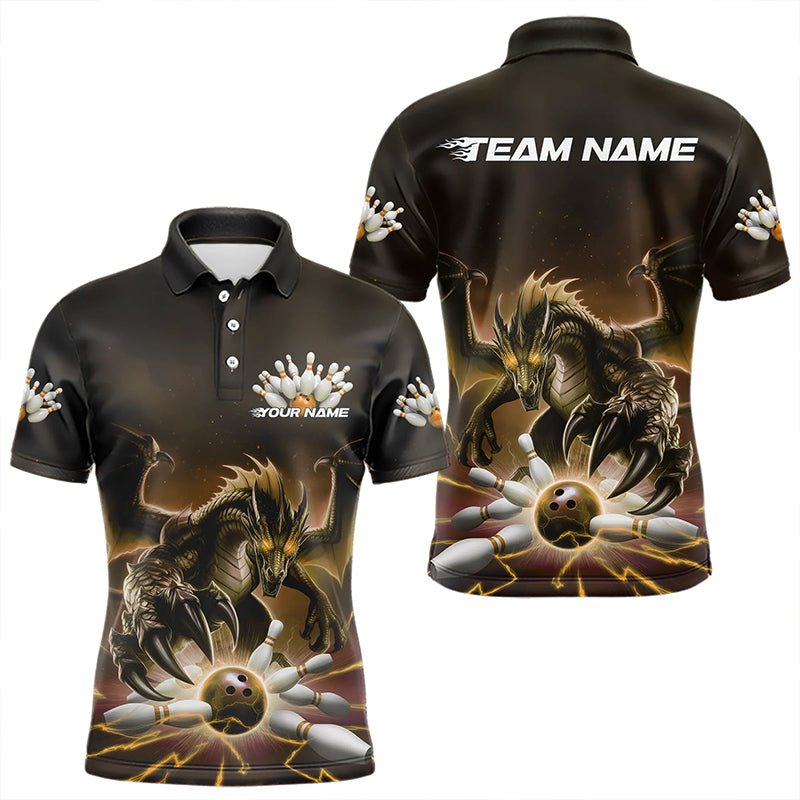 Custom Black And Yellow Dragon Bowling Team Polo Shirts For Men, Dragon Bowling League Shirt IPHW8551
