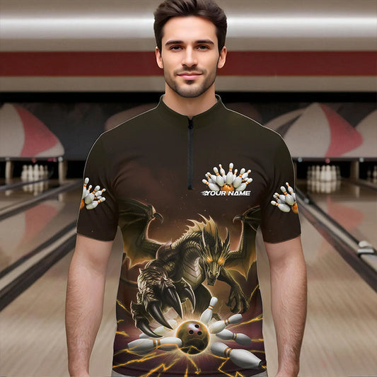 Custom Black And Yellow Dragon Bowling Team Quarter-Zip Shirts For Men, Dragon Bowling League Shirt IPHW8551