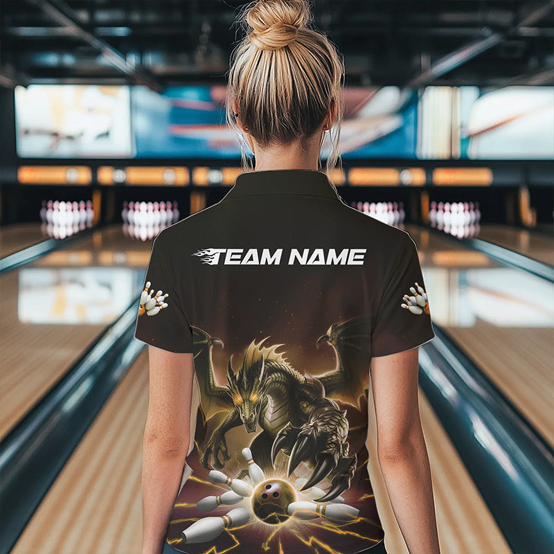 Custom Black And Yellow Dragon Bowling Team Womens Quarter-Zip Shirts, Bowling League Shirt IPHW8551