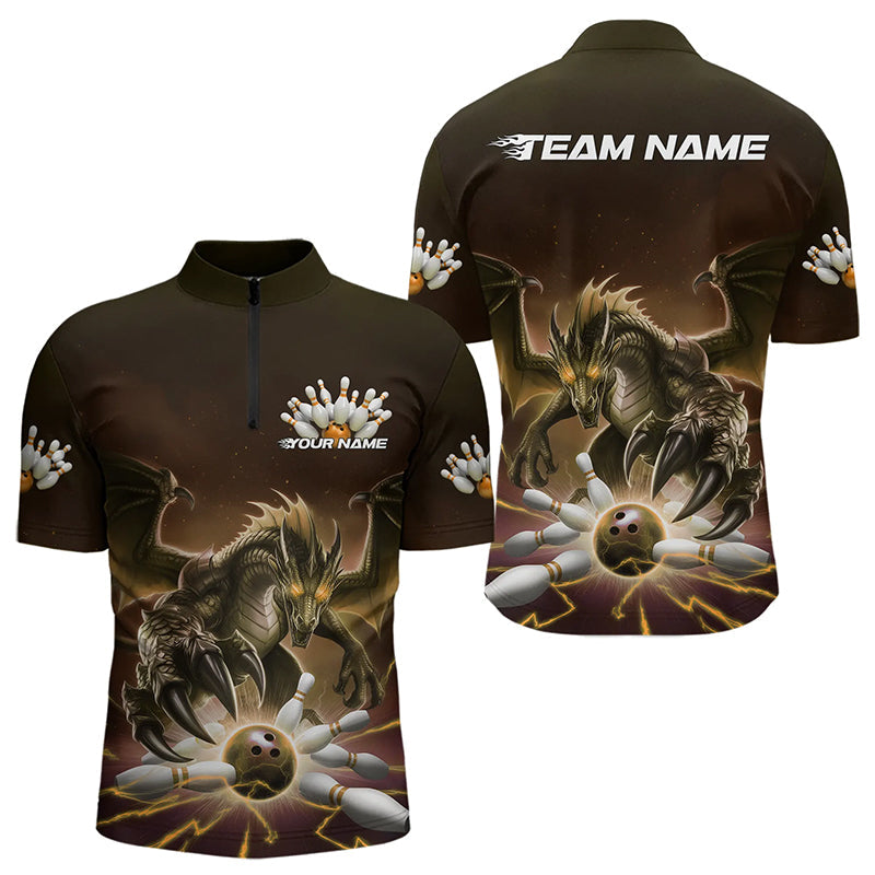 Custom Black And Yellow Dragon Bowling Team Quarter-Zip Shirts For Men, Dragon Bowling League Shirt IPHW8551