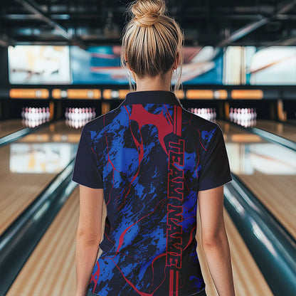 Custom Blue And Red Strike Bowling Polo Shirts For Women, Bowling League Team Uniform IPHW8858