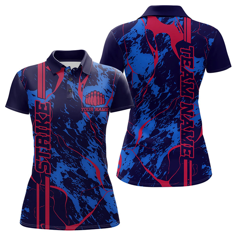 Custom Blue And Red Strike Bowling Polo Shirts For Women, Bowling League Team Uniform IPHW8858