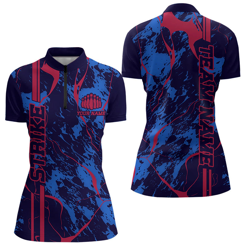 Custom Blue And Red Strike Bowling Quarter-Zip Shirts For Women, Bowling Team Uniform IPHW8858