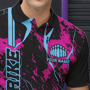 Custom Pink And Blue Strike Bowling Polo Shirts For Men, Bowling League Team Uniform IPHW8859