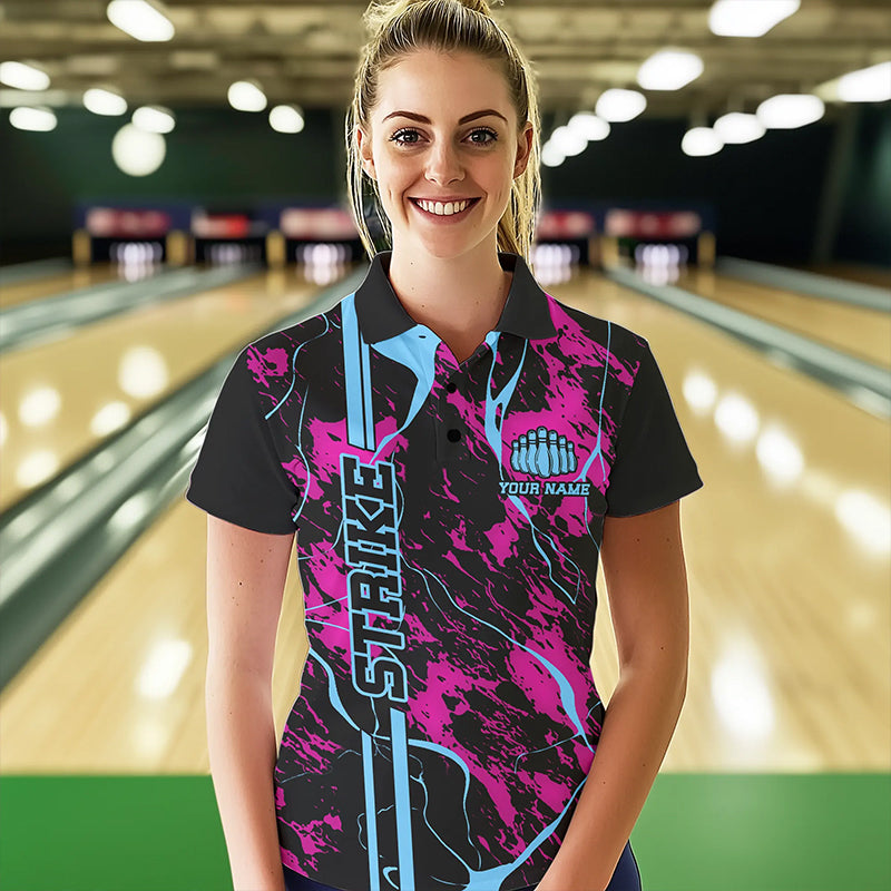 Custom Pink And Blue Strike Bowling Polo Shirts For Women, Bowling League Team Uniform IPHW8859