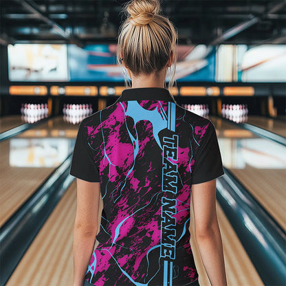 Custom Pink And Blue Strike Bowling Polo Shirts For Women, Bowling League Team Uniform IPHW8859
