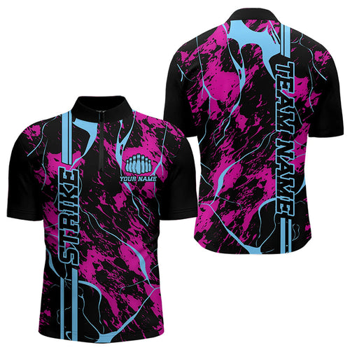 Custom Pink And Blue Strike Bowling Quarter-Zip Shirts For Men, Bowling League Team Uniform IPHW8859