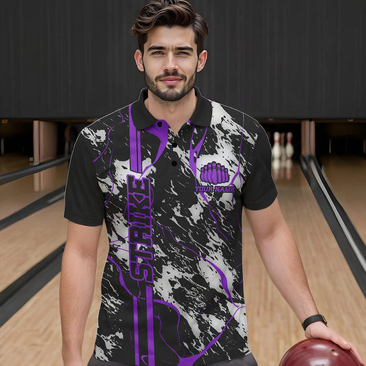 Custom Gray And Purple Strike Bowling Polo Shirts For Men, Bowling League Team Uniform IPHW8860