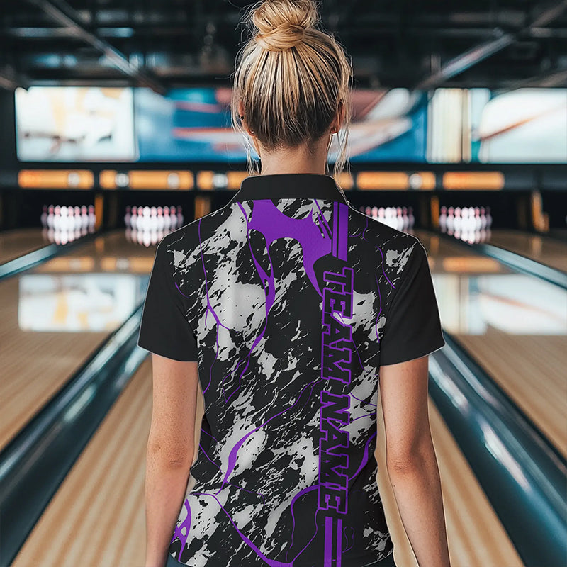 Custom Gray And Purple Strike Bowling Polo Shirts For Women, Bowling League Team Uniform IPHW8860