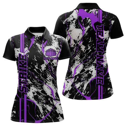 Custom Gray And Purple Strike Bowling Polo Shirts For Women, Bowling League Team Uniform IPHW8860