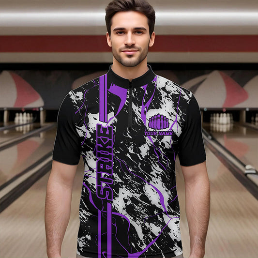 Custom Gray And Purple Strike Bowling Quarter-Zip Shirts For Men, Bowling League Team Uniform IPHW8860
