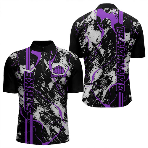 Custom Gray And Purple Strike Bowling Quarter-Zip Shirts For Men, Bowling League Team Uniform IPHW8860