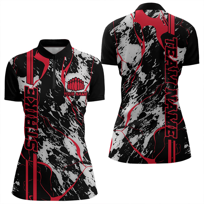 Custom Gray And Red Strike Bowling Women Quarter-Zip Shirts, Bowling League Team Uniform IPHW8861