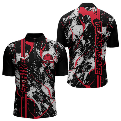 Custom Gray And Red Strike Bowling Quarter-Zip Shirts For Men, Bowling League Team Uniform IPHW8861