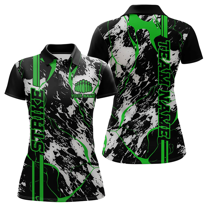Custom Gray And Green Strike Bowling Polo Shirts For Women, Bowling League Team Uniform IPHW8862