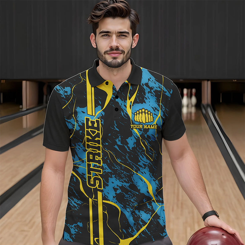 Custom Blue And Yellow Strike Bowling Polo Shirts For Men, Bowling League Team Uniform IPHW8863