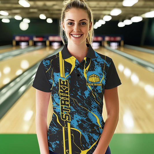 Custom Blue And Yellow Strike Bowling Polo Shirts For Women, Bowling League Team Uniform IPHW8863