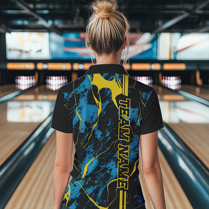 Custom Blue And Yellow Strike Bowling Polo Shirts For Women, Bowling League Team Uniform IPHW8863