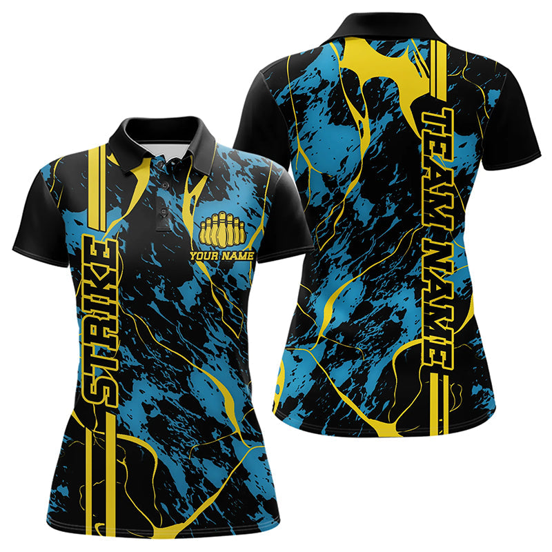 Custom Blue And Yellow Strike Bowling Polo Shirts For Women, Bowling League Team Uniform IPHW8863