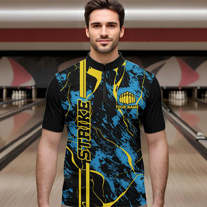 Custom Blue And Yellow Strike Bowling Quarter-Zip Shirts For Men, Bowling League Team Uniform IPHW8863