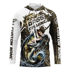 Custom Bass Fishing Jerseys, Largemouth Bass Long Sleeve Fishing League Shirts | Grass Camo IPHW6361